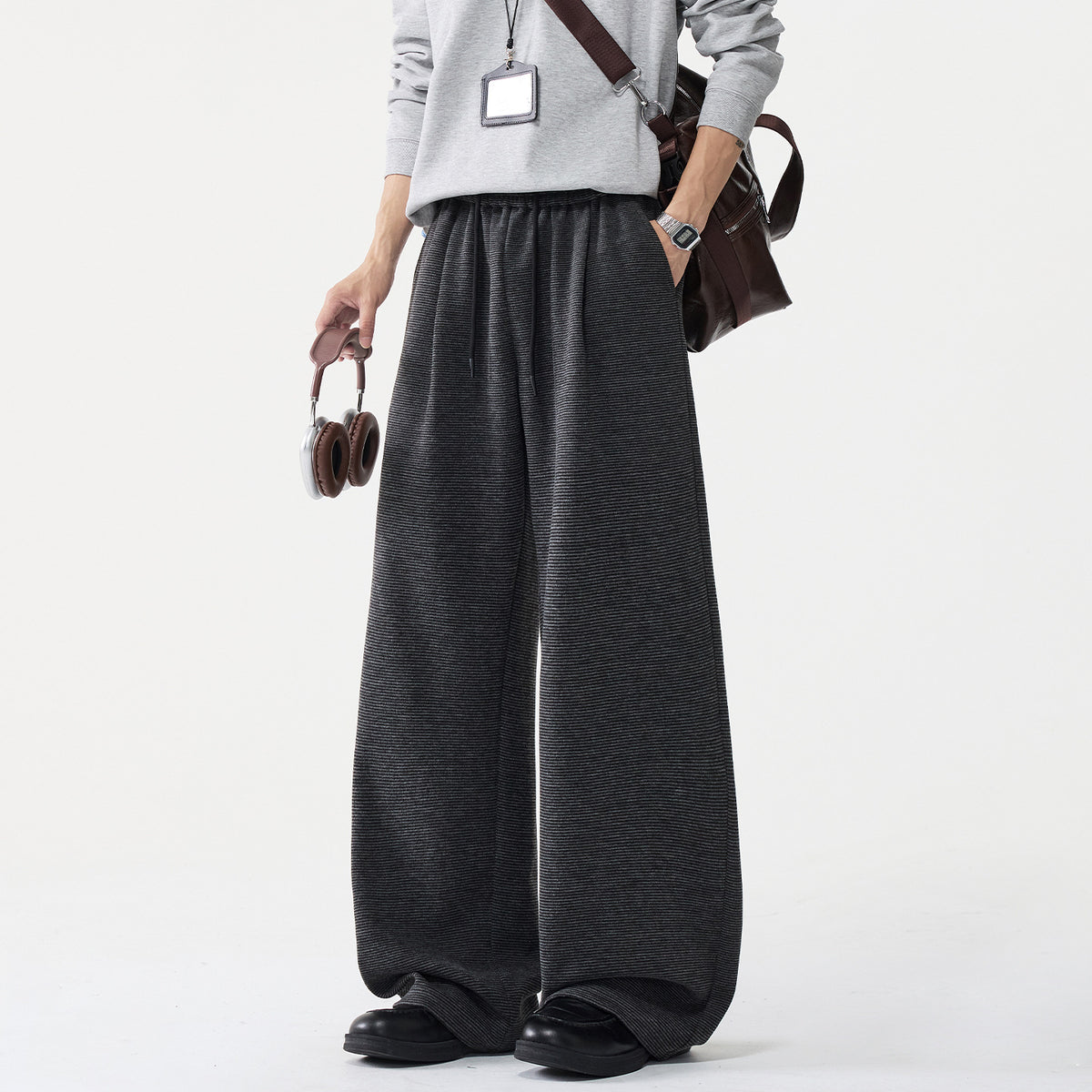 Subtle Patterned Slim Stripe Straight-Leg Casual Trousers for Men, Autumn Loose Drape Vintage Casual Long Pants