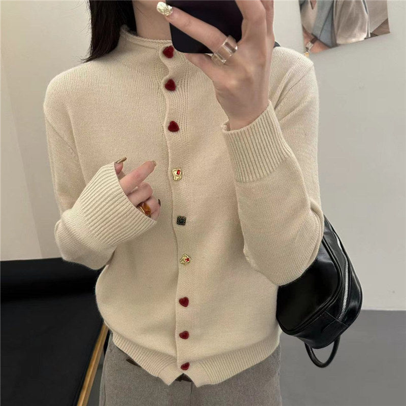 Half high neck chic heart button knit cardigan for women