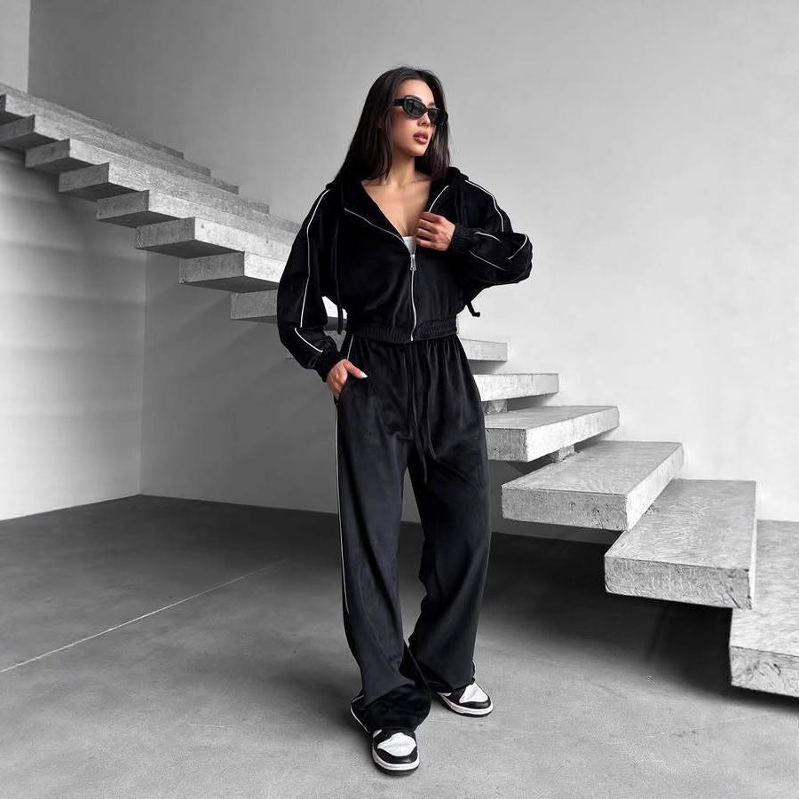 Set with Stripe Hooded Zip-Up Jacket and Tie-Waist Wide-Leg Pants for Women