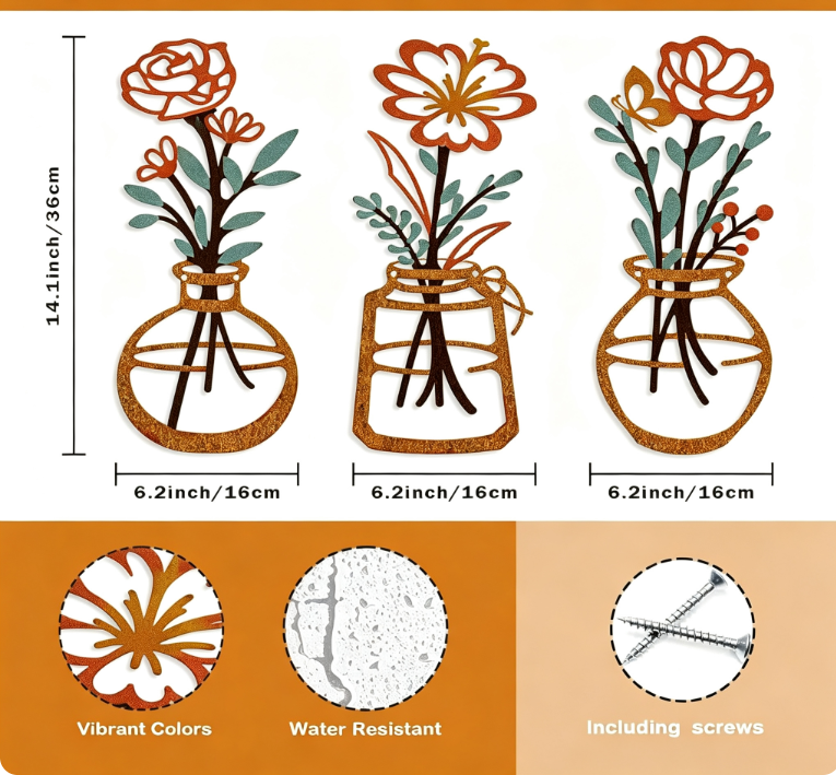 Hot selling Wall Decoration Background Iron Art Painting New Metal Vase Wall Hanging Wall Decoration Bedroom Living Room Home Fu