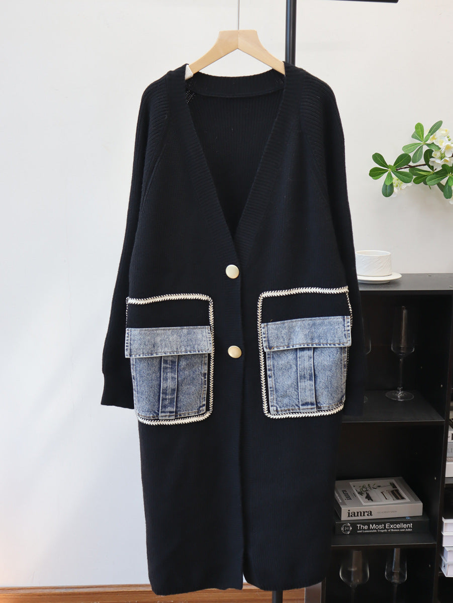 Long spliced denim pocket sweater
