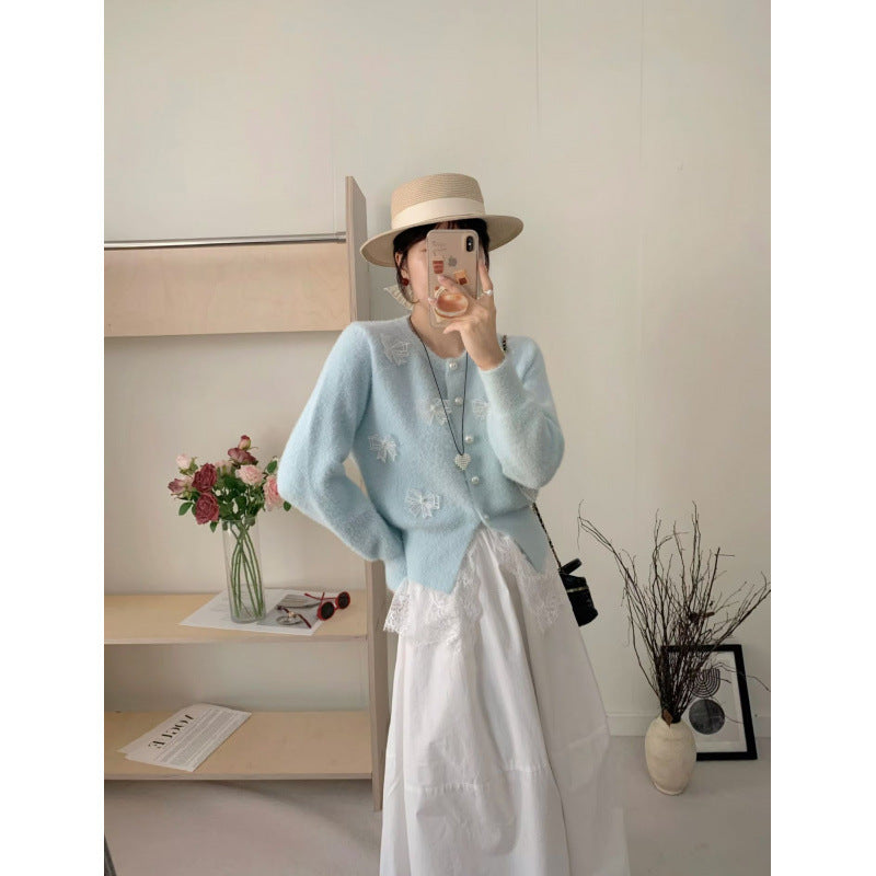 Gentle Style Elegant Embellished Bow Knit Cardigan for Women Sweater Coat