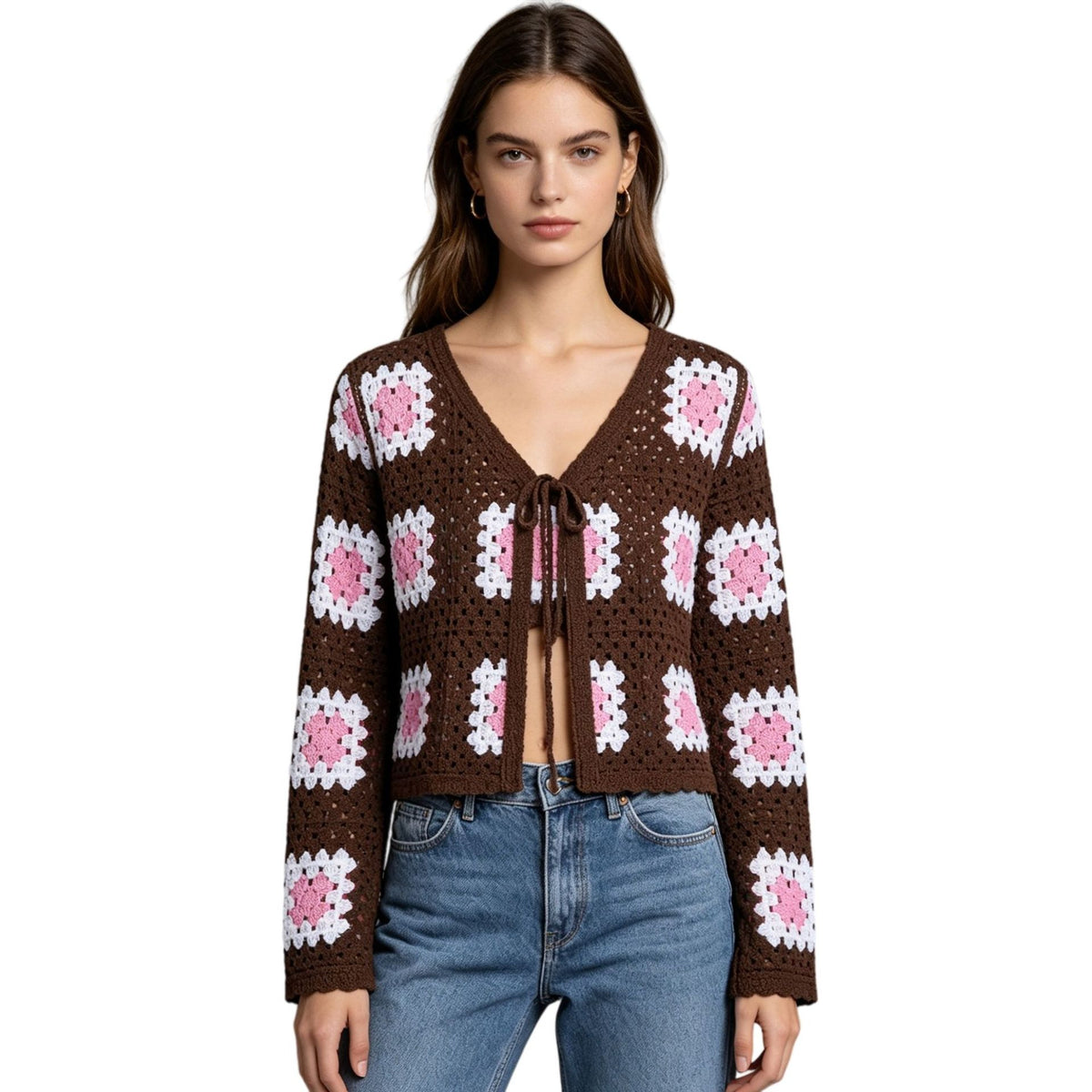 Grid tie cardigan long sleeved top