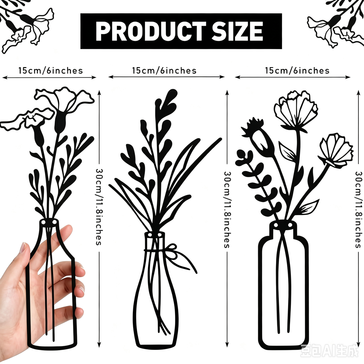 Three piece metal flower wall decoration flower black flower bottle minimalist art wall decoration living room bathroom home bed