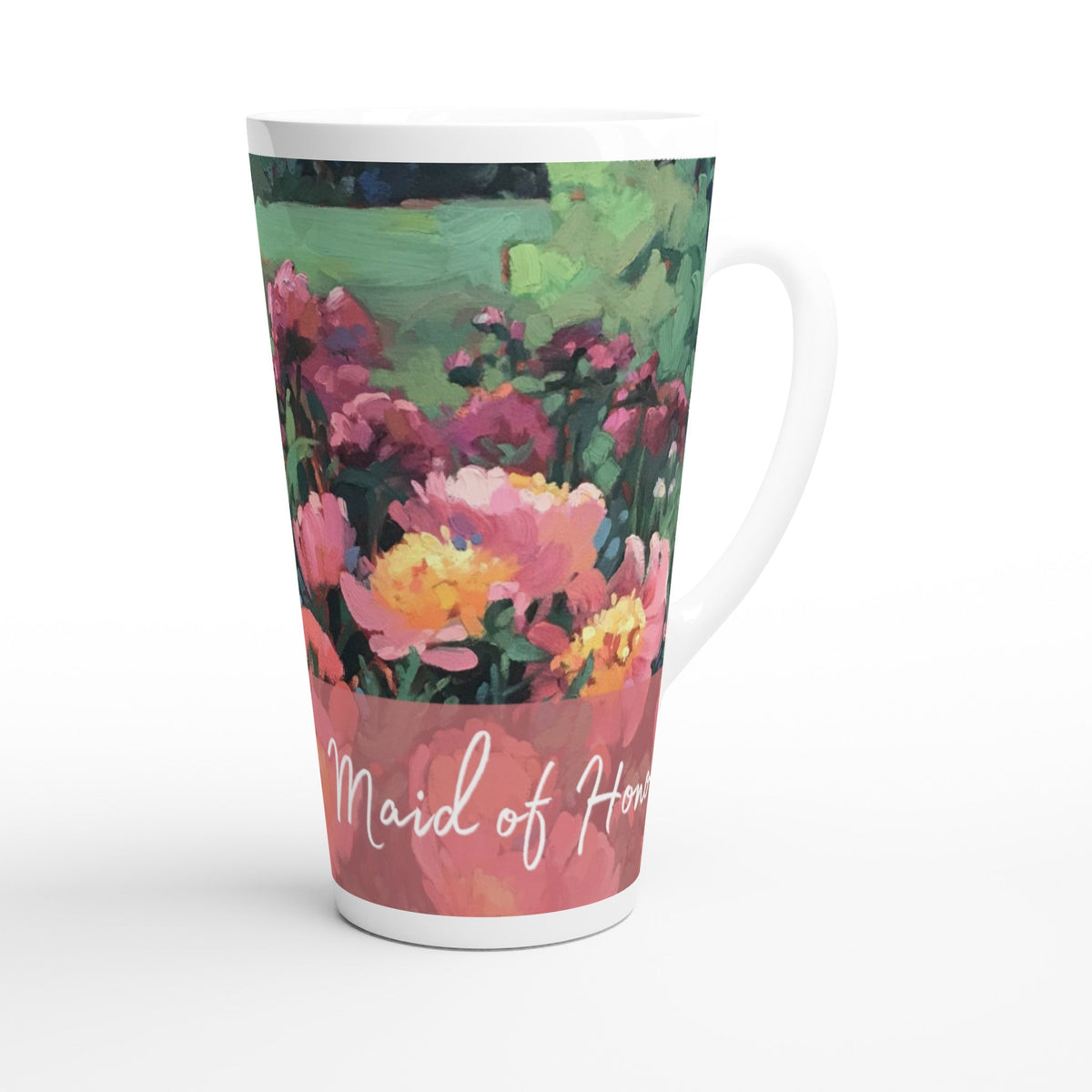 'Maid of Honor' 17oz White Ceramic Latte Mug | Bridal Collection with 'Pink Princess' Artwork by American Artist Barbara Cleary