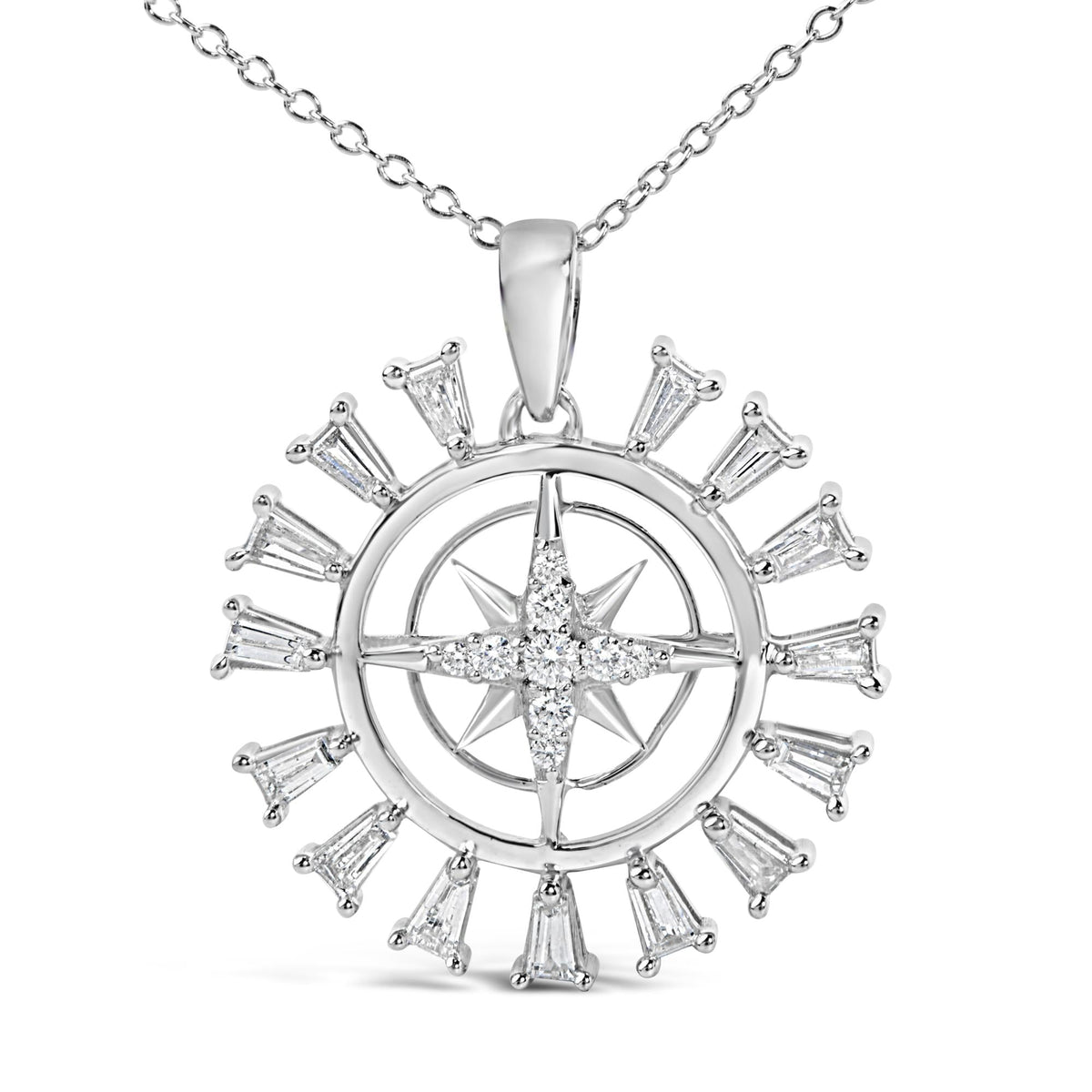 Sterling Silver 1/2 Cttw Diamond Starburst Compass Medallion Pendant Necklace