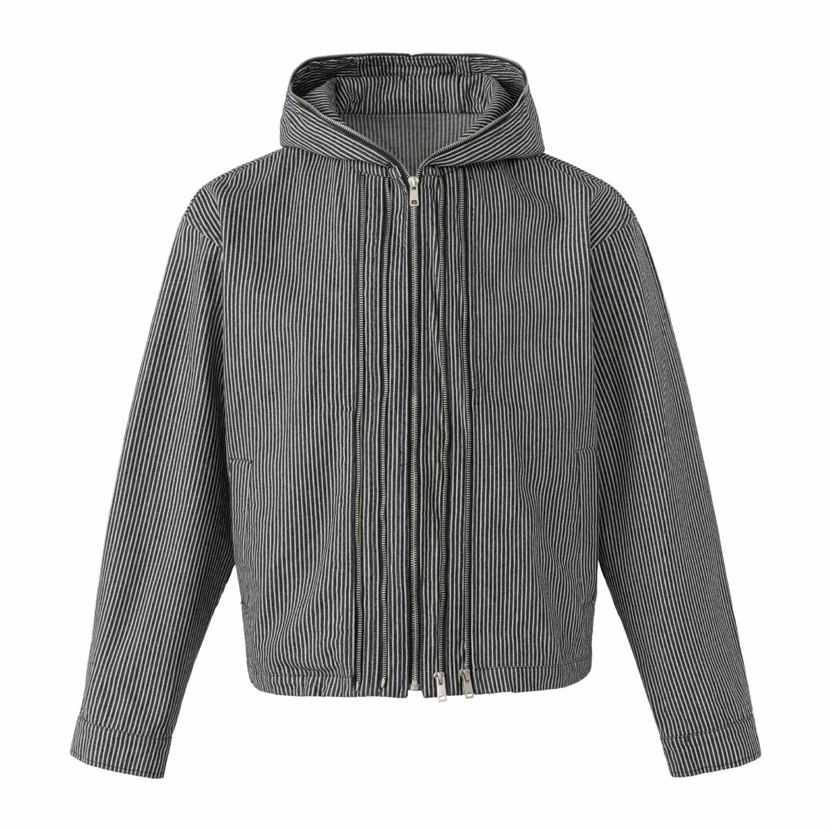 Vertical Stripe Hooded Multi-Zipper Decorative Work Jacket