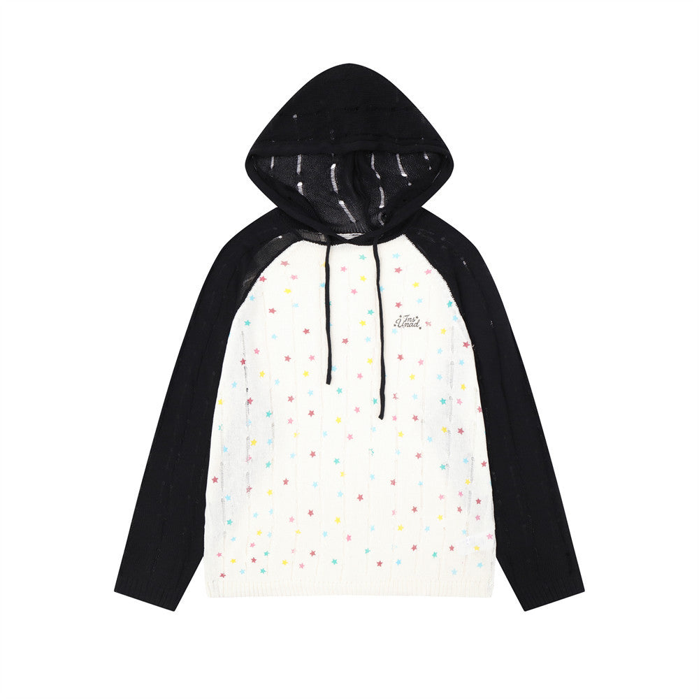 Starry Sky Splicing Color blocked Shoulder Long Sleeve Hoodie Knitted Sweater