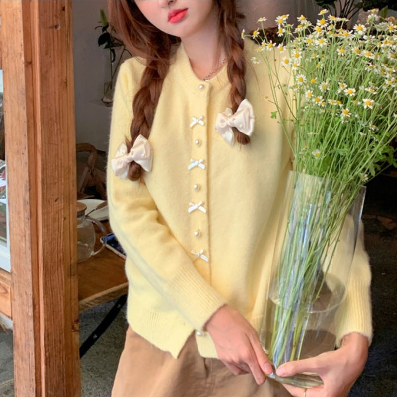 Butterfly knot pearl button knitted cardigan