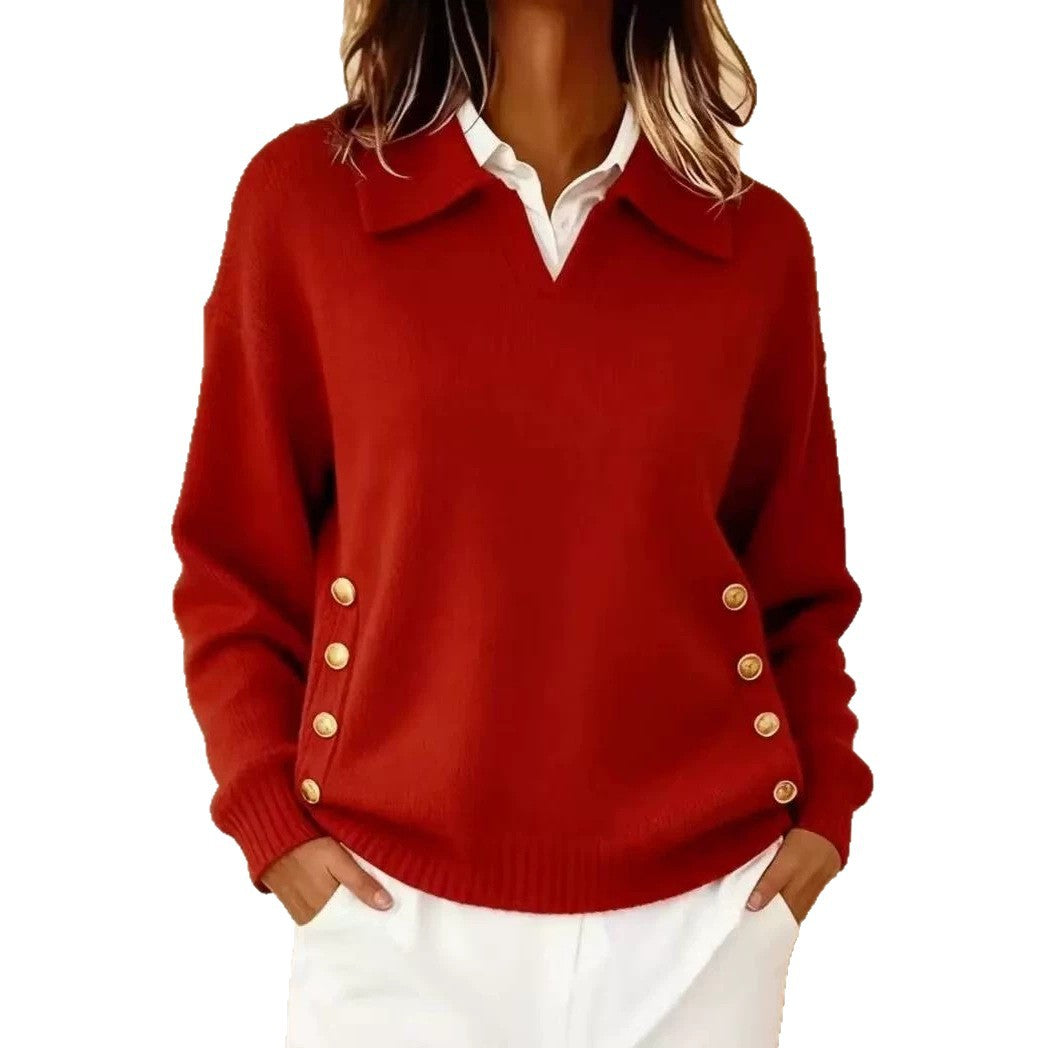 Casual lapel button lapel solid color knitted sweater for women