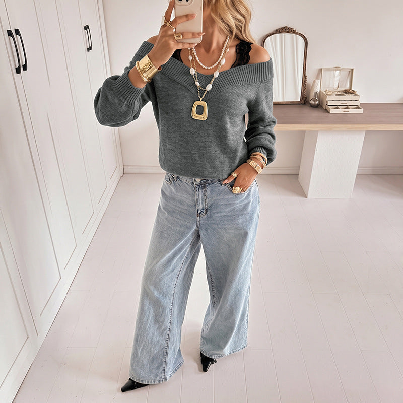 Solid color lace patchwork one shoulder waist sweater