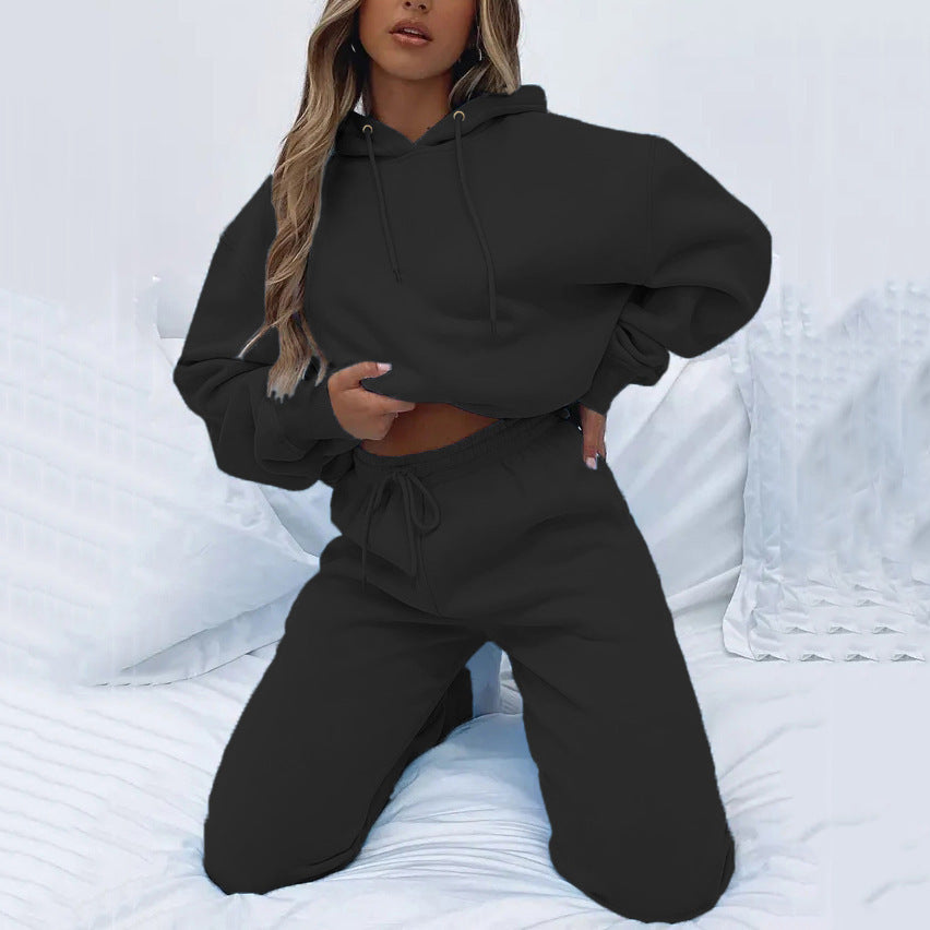 Solid Color Hooded Pullover Long Pants Women's Urban Casual Pocket Long Sleeve Sweatshirt Set