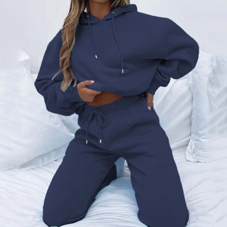 Solid Color Hooded Pullover Long Pants Women's Urban Casual Pocket Long Sleeve Sweatshirt Set