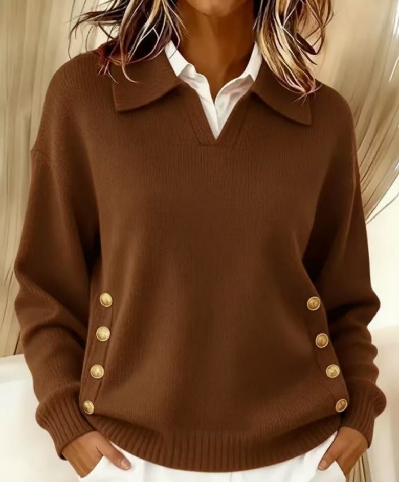 Casual lapel button lapel solid color knitted sweater for women