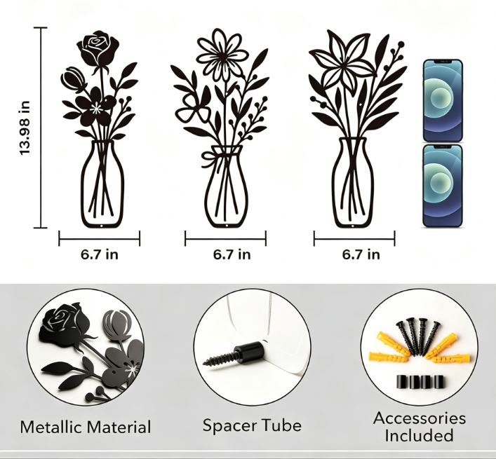 Hot selling Wall Decoration Background Iron Art Painting New Metal Vase Wall Hanging Wall Decoration Bedroom Living Room Home Fu