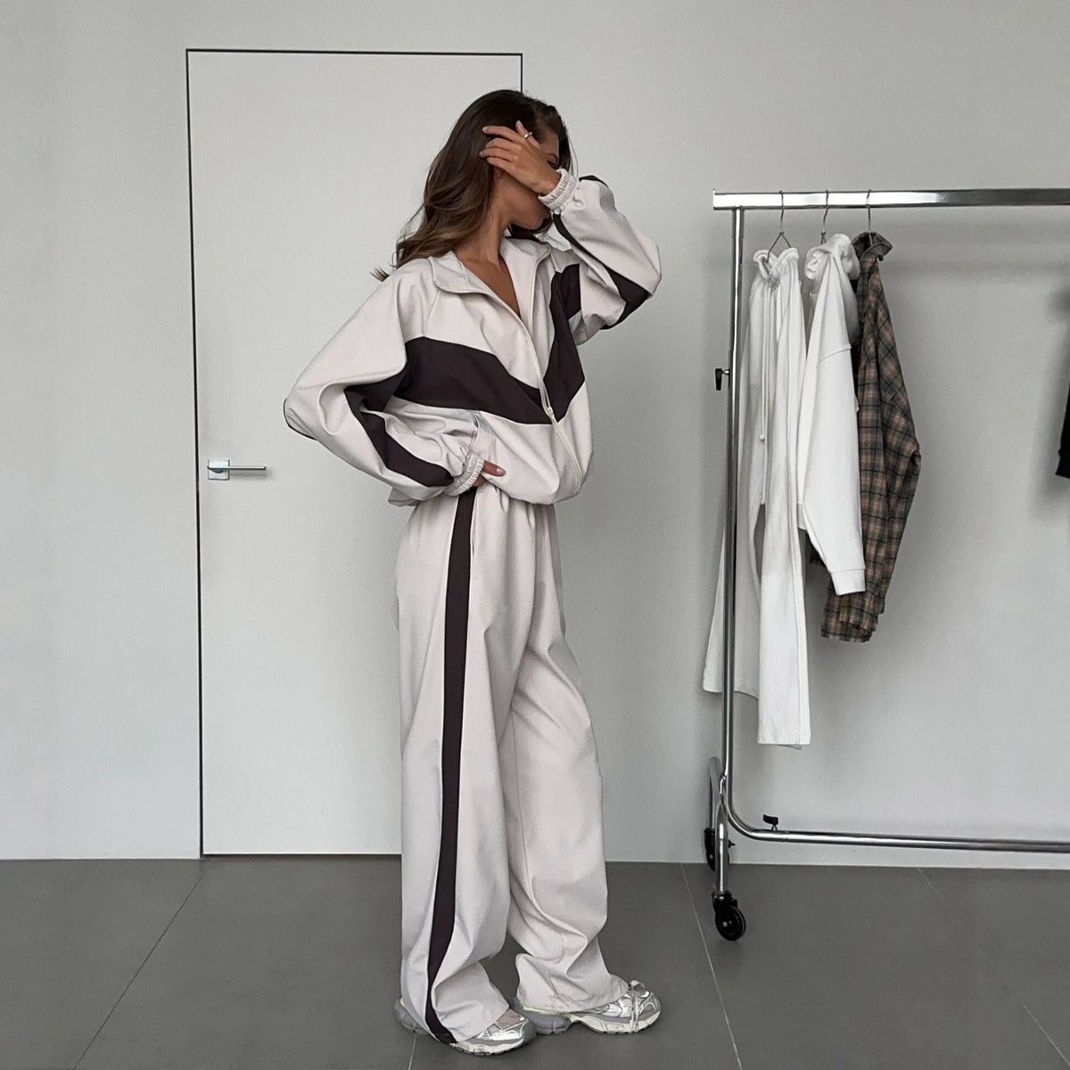 Women's Casual Outfit Loose Color-Block Long Sleeve Zip-Up Cardigan Color-Contrast Top and Pants Tracksuit