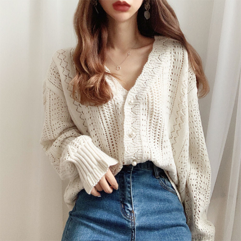 Loose hollow knitted top thin jacket
