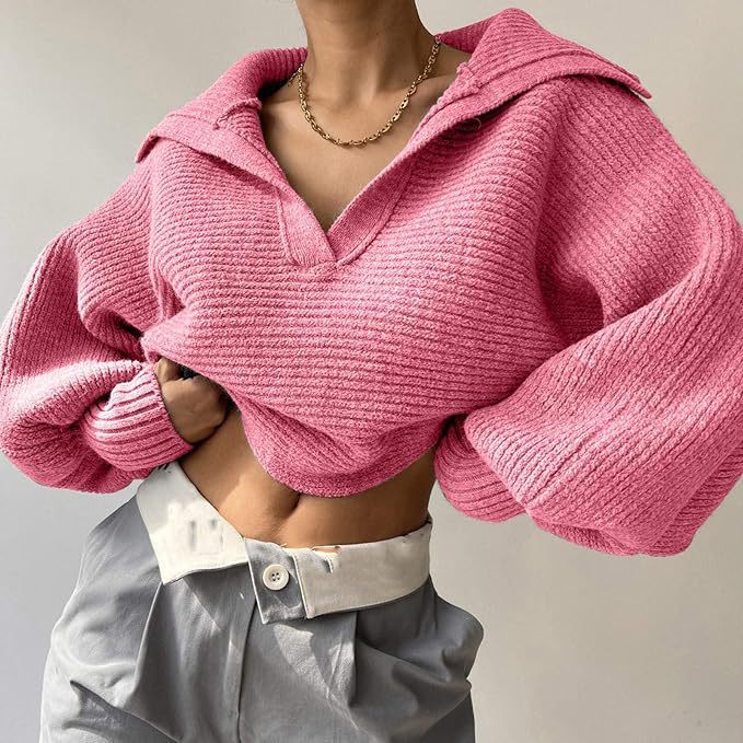 Chic Knit Sweater with Turn-Down Collar, Pullover Style, Women's Top