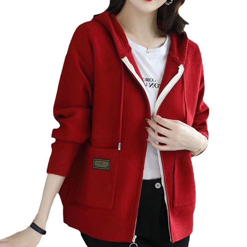 Zipper sweater with cap knit sweater jacket for women