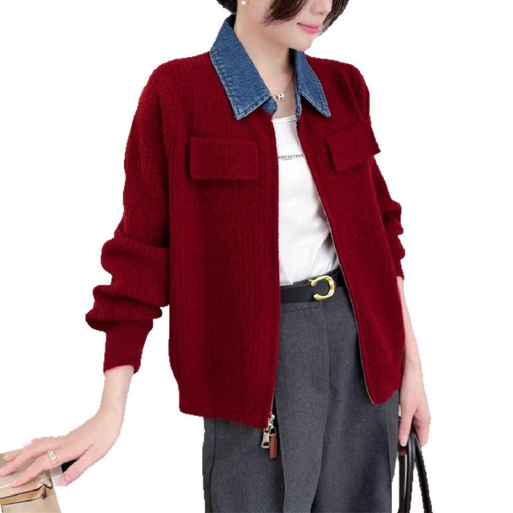 Double zipper knitted cardigan jacket for women