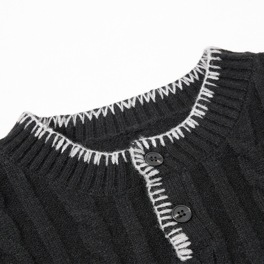 Button half open neck round neck sweater