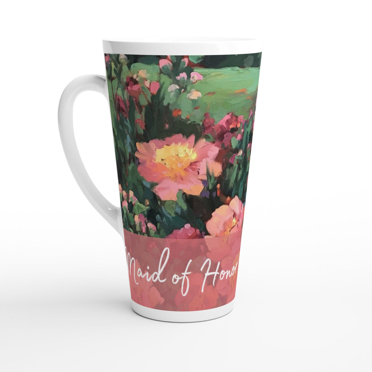 'Maid of Honor' 17oz White Ceramic Latte Mug | Bridal Collection with 'Pink Princess' Artwork by American Artist Barbara Cleary