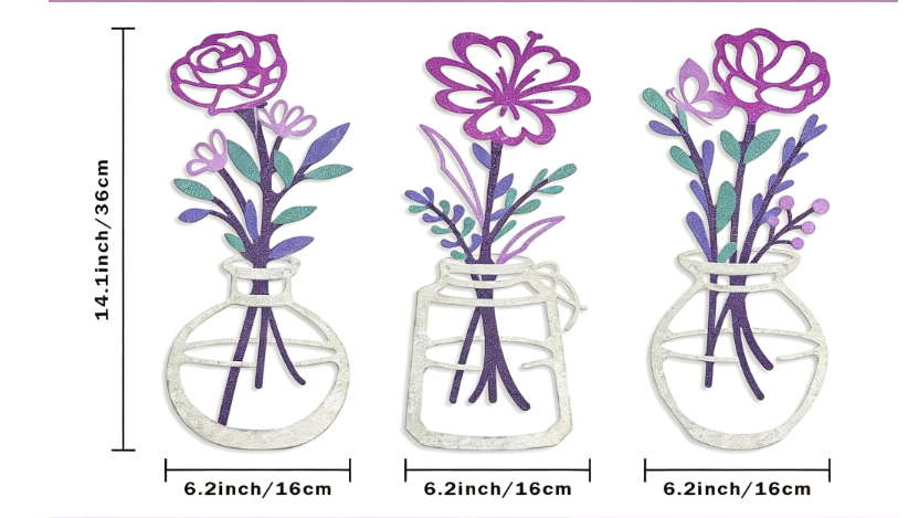 Three piece metal flower wall decoration flower black flower bottle minimalist art wall decoration living room bathroom home bed