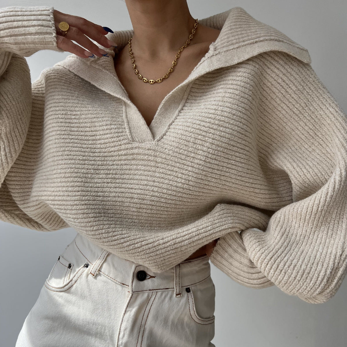 Chic Knit Sweater with Turn-Down Collar, Pullover Style, Women's Top
