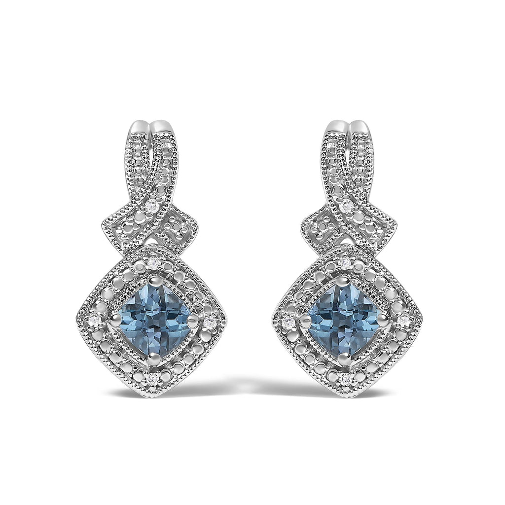 Sterling Silver Cushion Cut Blue Topaz and Diamond Accent Twist Motif Dangle Earrings