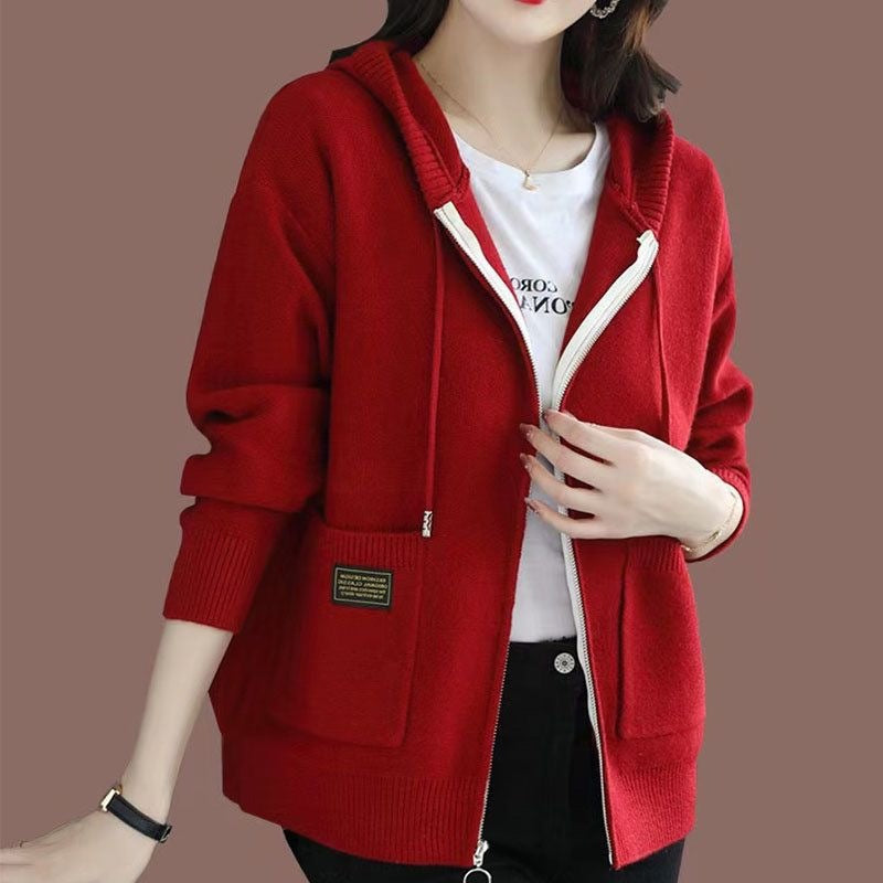 Zipper sweater with cap knit sweater jacket for women