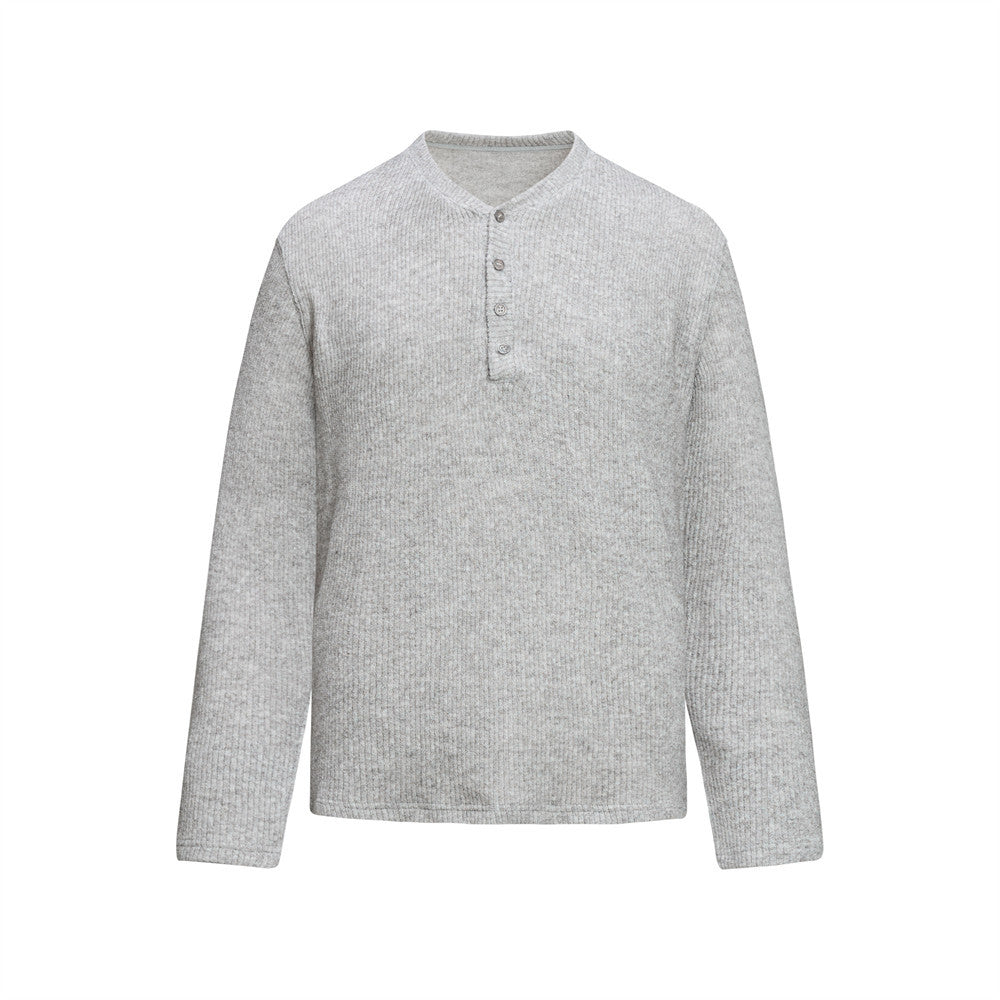 Solid color button half open collar long sleeved sweater