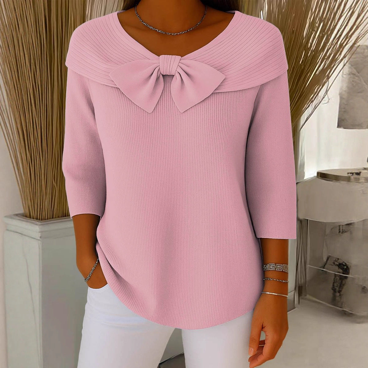 French long sleeved shirt with bow tie sweater for women