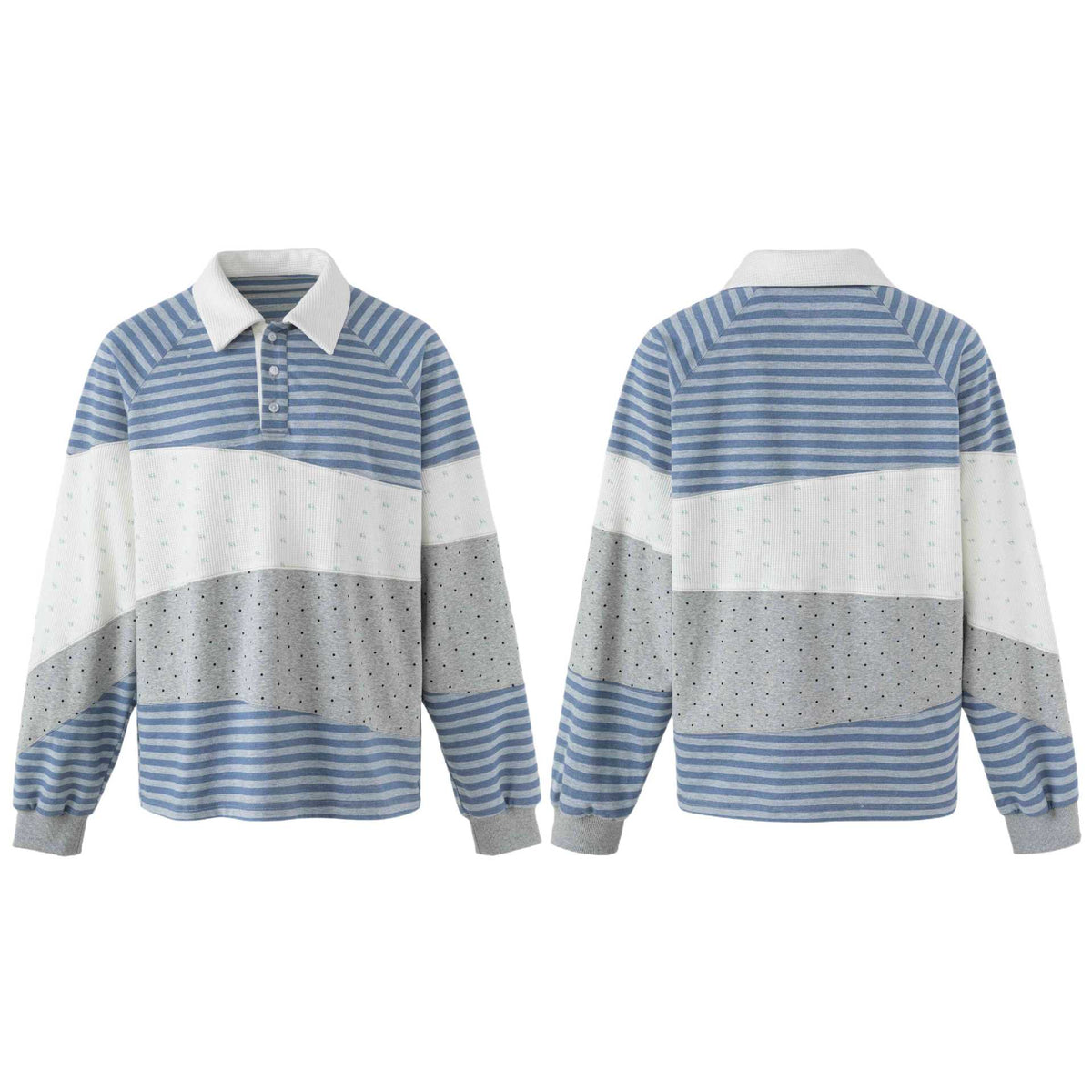 Stripe Spliced Turn-down Collar Polo Shirt Loose Long Sleeve Sweatshirt