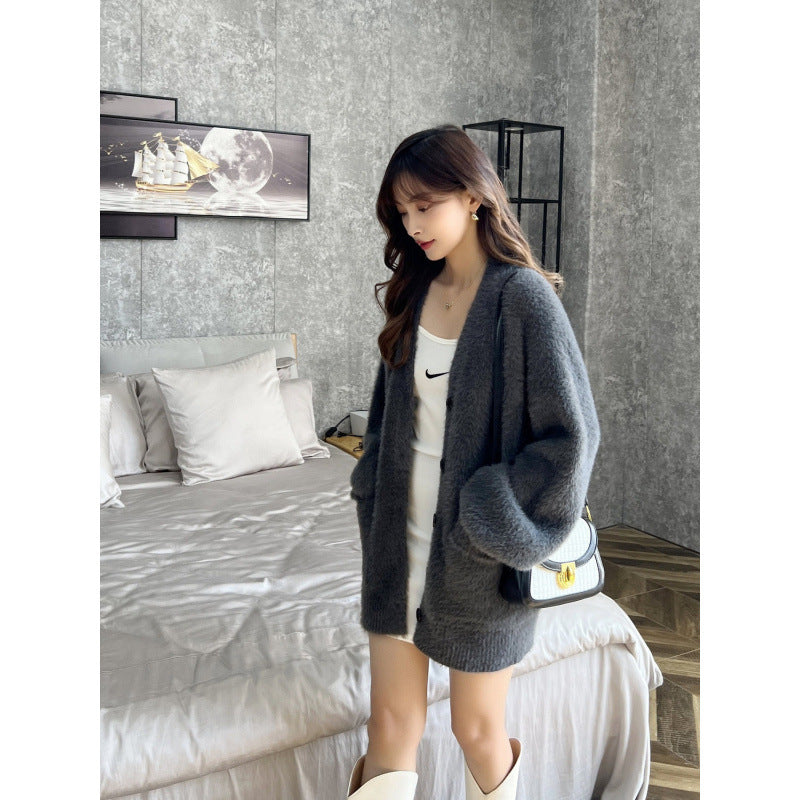 Knit Cardigan for Women, Loose Lantern Sleeve Sweater Top