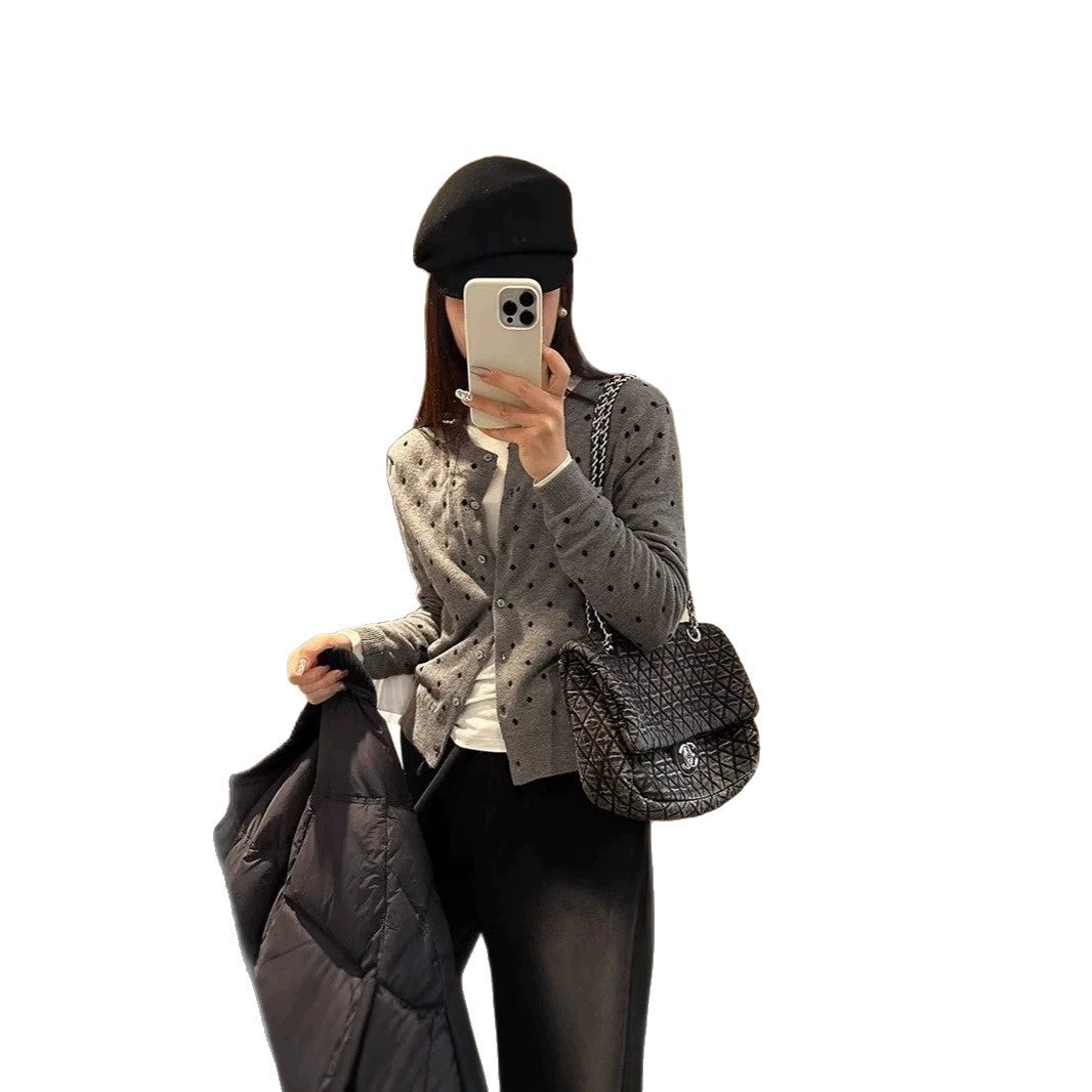 Grey polka dot knitted cardigan for women
