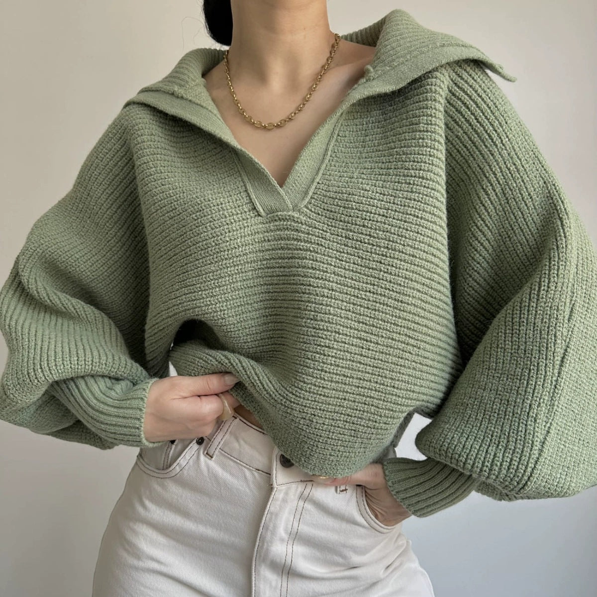 Chic Knit Sweater with Turn-Down Collar, Pullover Style, Women's Top