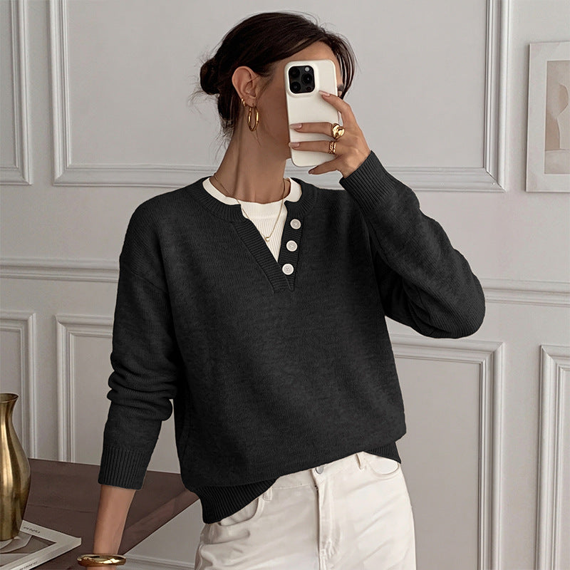 Loose V-neck fake two sweaters for women