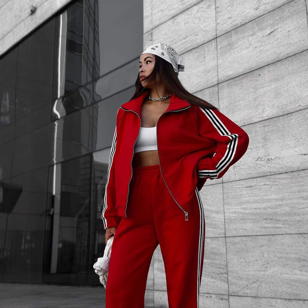 Sporty Casual Hooded Jacket Loose Color-block Striped Wide-leg Pants Two-piece Set for Women
