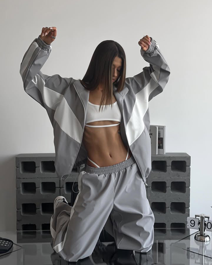 Women's Casual Outfit Loose Color-Block Long Sleeve Zip-Up Cardigan Color-Contrast Top and Pants Tracksuit