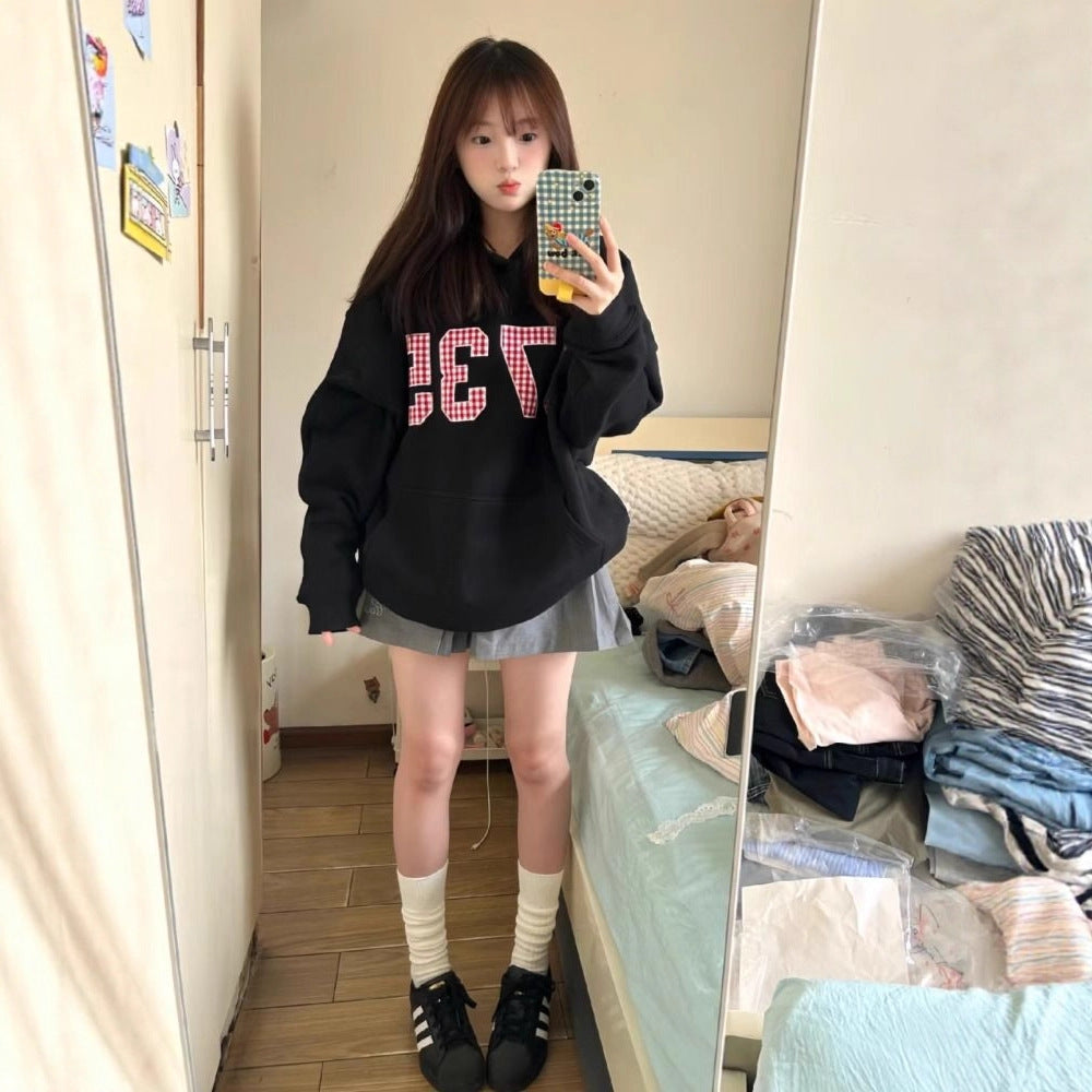 Hooded Sweatshirt for Women with Digital Check Pattern, Fleece-Lined, Casual Pullover Top