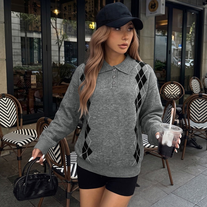 Loose diamond grid Polo collar sweater