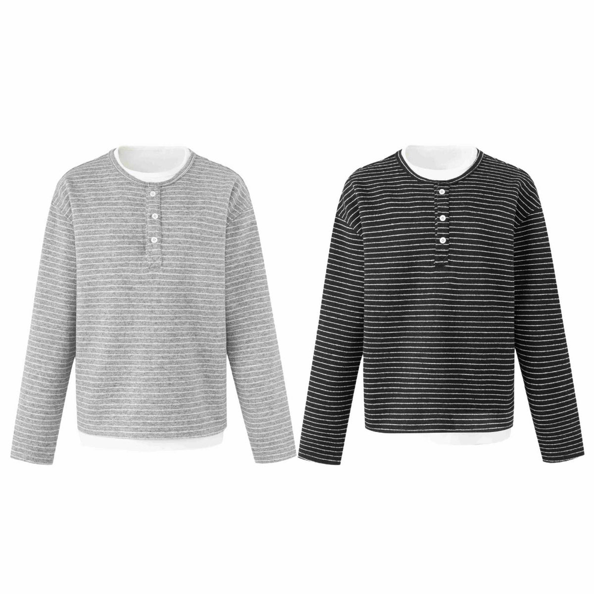 Trendy Stripe Henley Neck  Long Sleeve Loose Fit T-Shirt