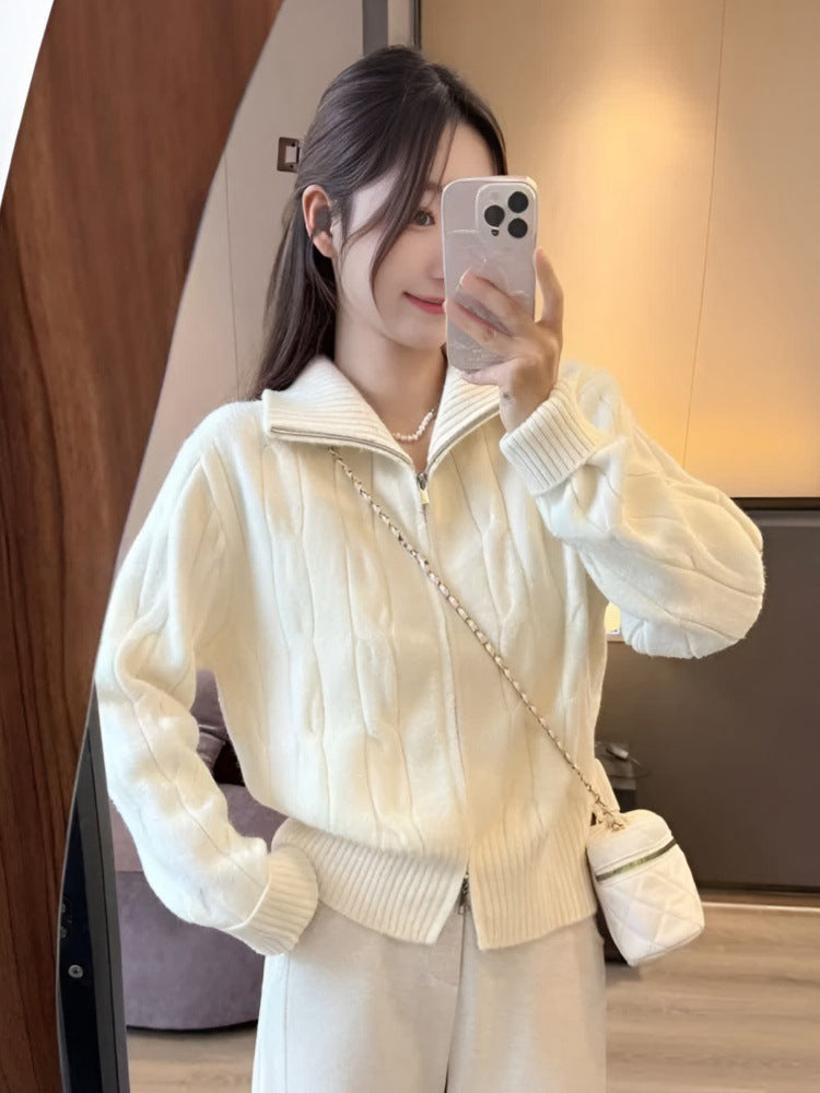 High neck double zipper sweater jacket for women