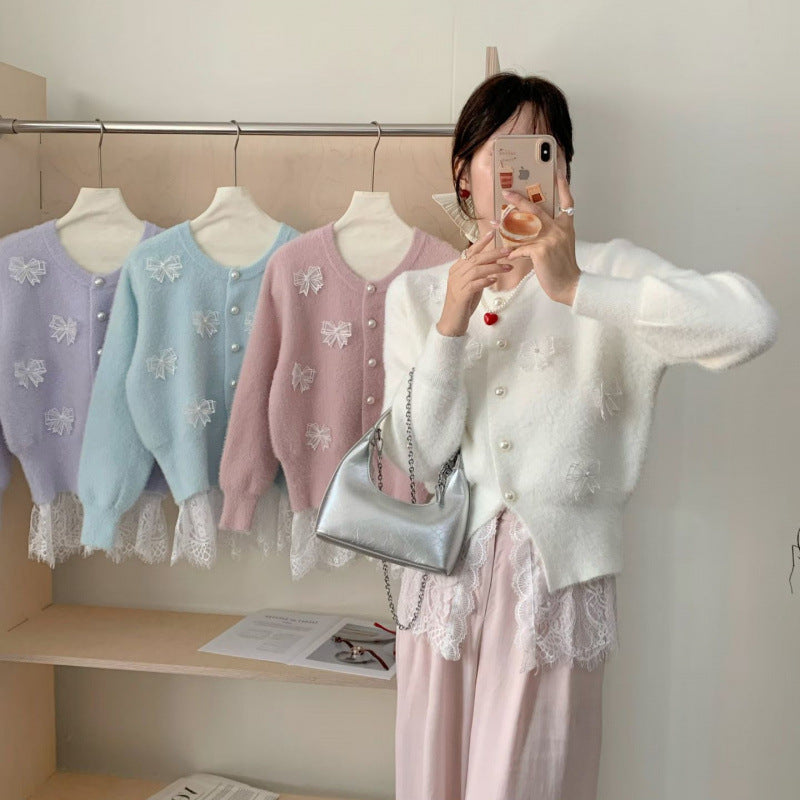 Gentle Style Elegant Embellished Bow Knit Cardigan for Women Sweater Coat