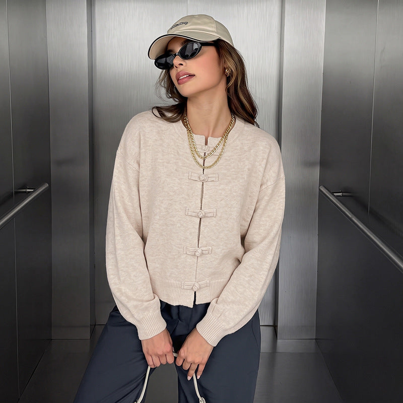 Solid color new Chinese style buttoned sweater jacket