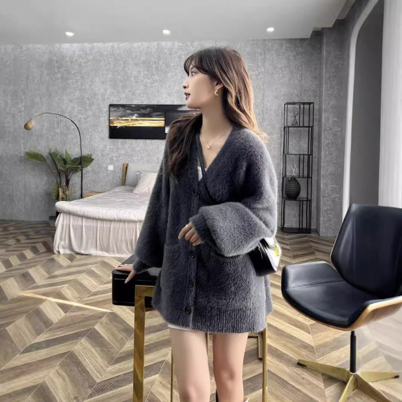 Knit Cardigan for Women, Loose Lantern Sleeve Sweater Top