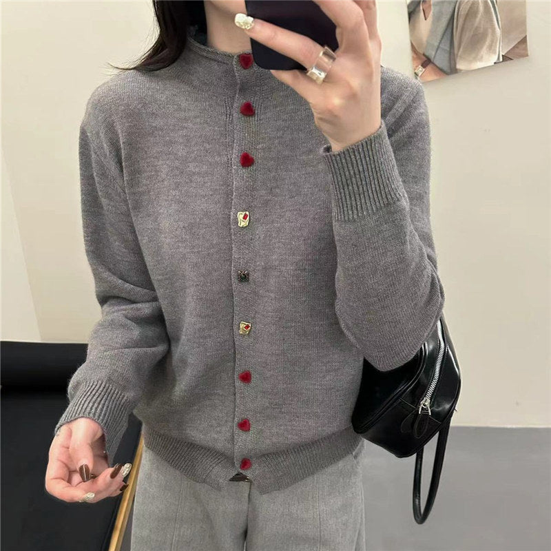 Half high neck chic heart button knit cardigan for women