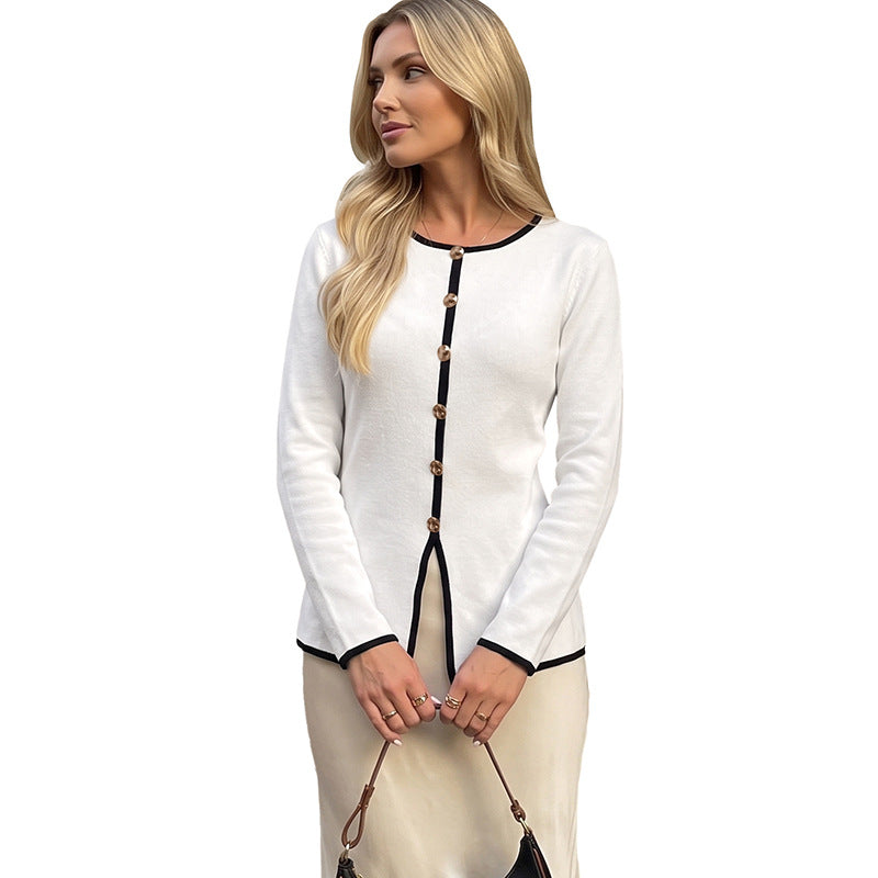 Black and white contrasting button decoration round neck waist sweater for women