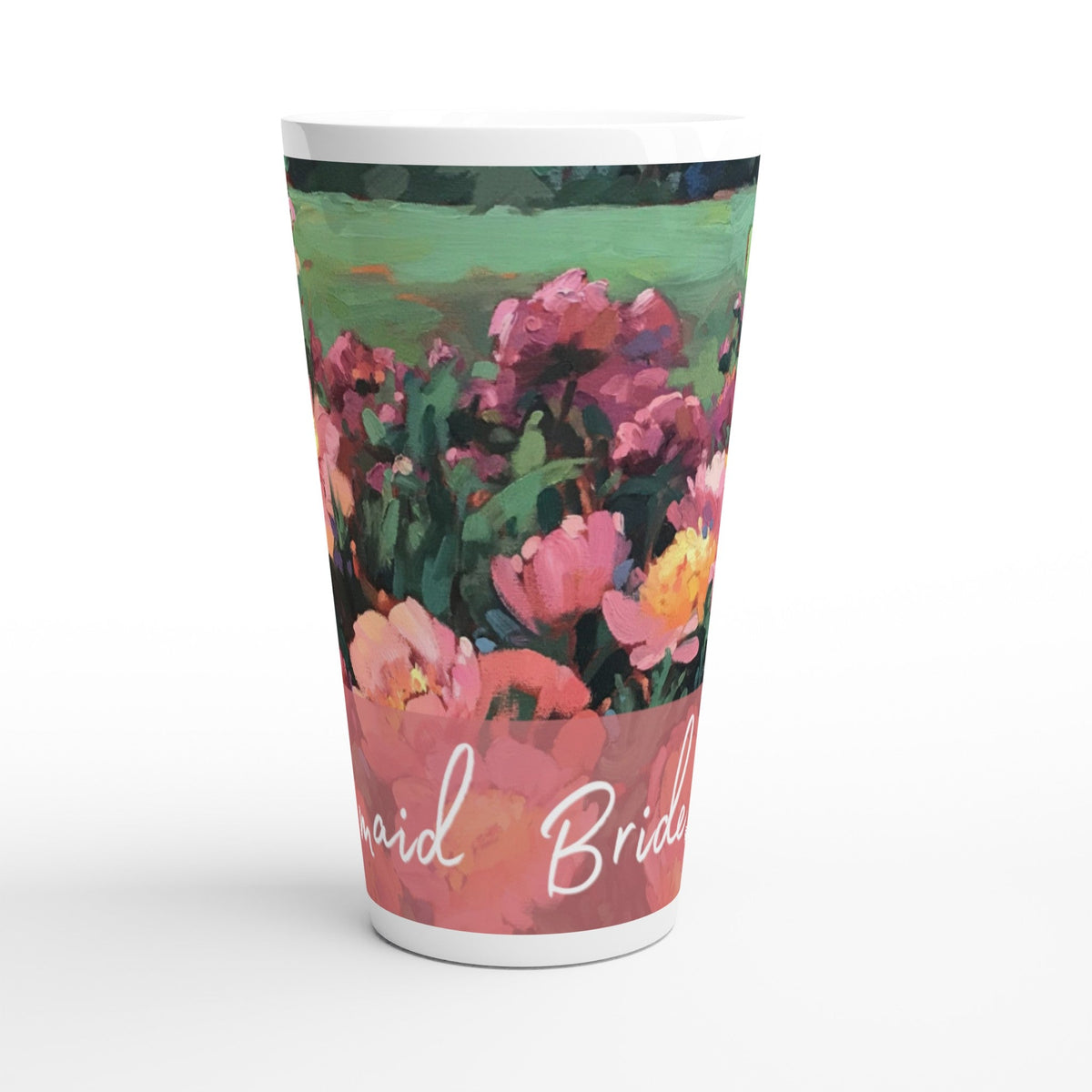 'Bridesmaid' 17oz White Ceramic Latte Mug | Bridal Collection with 'Pink Princess' Artwork by American Artist Barbara Cleary