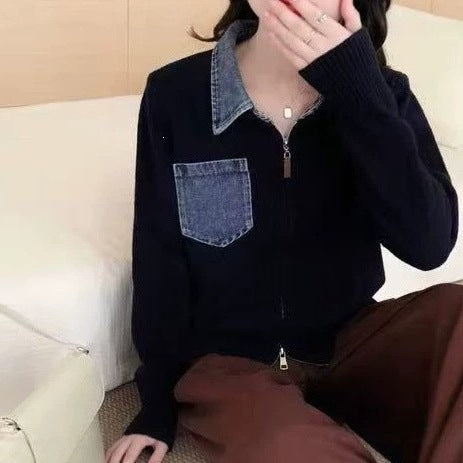 Collar denim patchwork fake two-piece knitted cardigan jacket